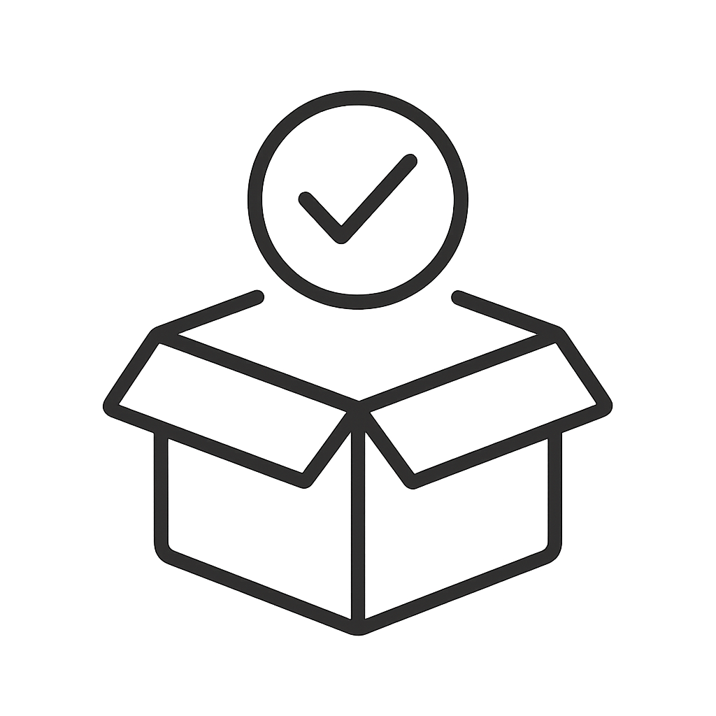 Minimal monochrome vector icon smooth line style open box or package with a checkmark above it symbolizing available stock No color clean black line art very simple and readable at small size