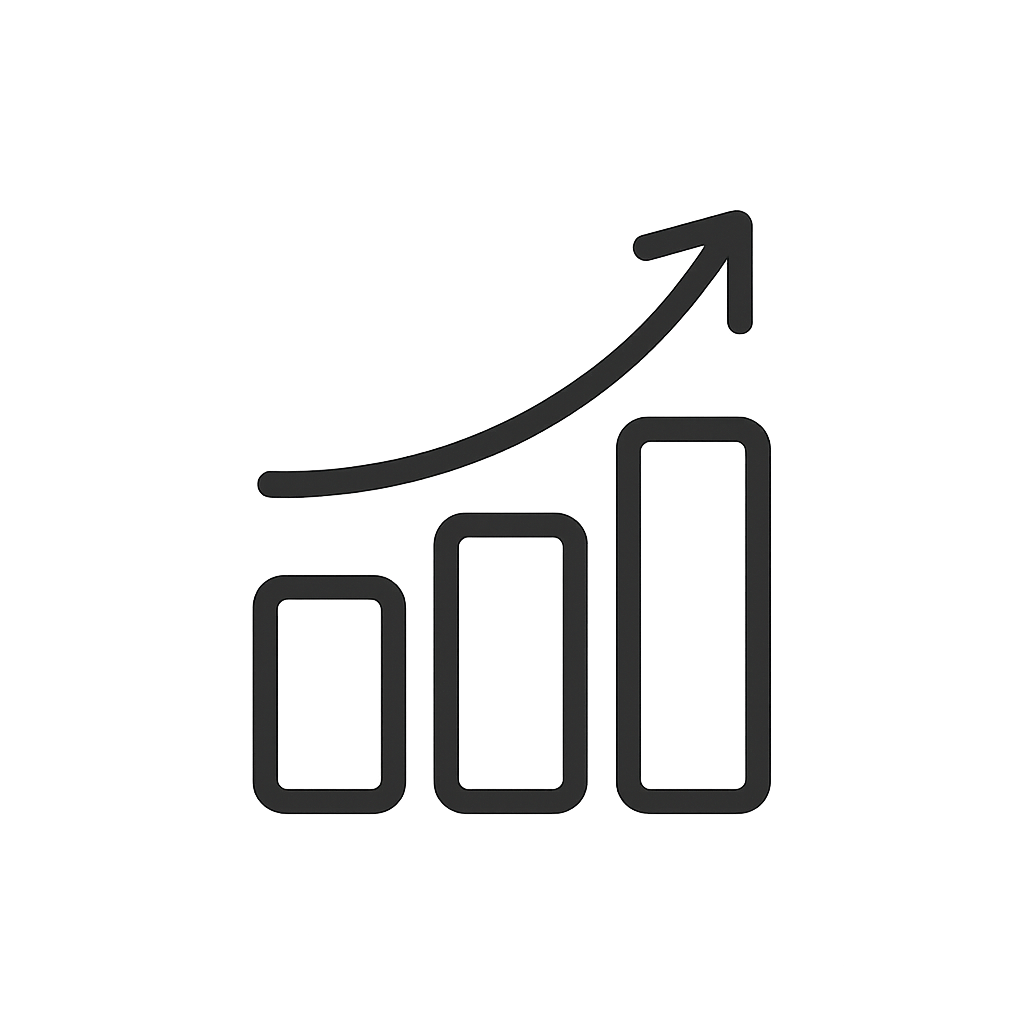 Minimal monochrome vector icon smooth lineart style three vertical bars of different heights forming a simple bar chart with a small arrow curving above them to indicate trends or ordering frequency No color clean black outline very simple and consis-1