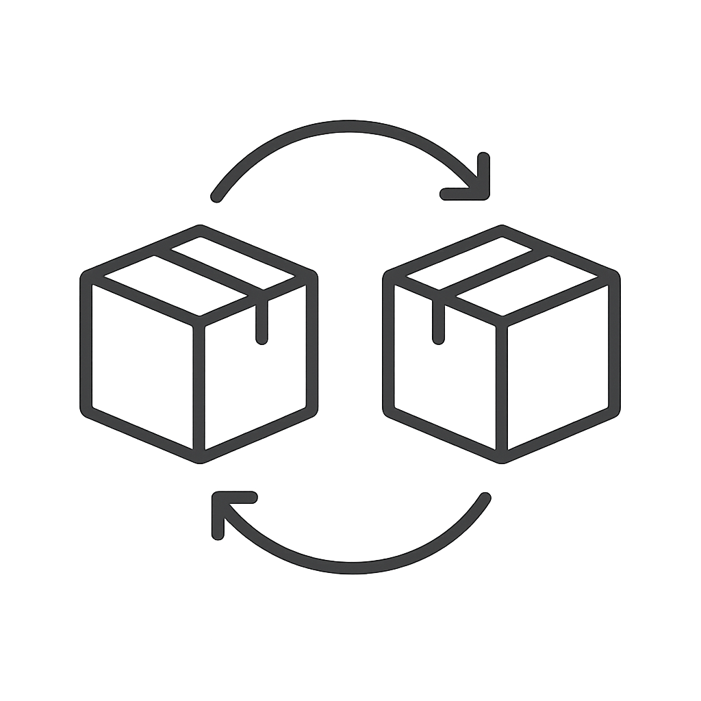 Minimal monochrome vector icon smooth lineart style two simple 2D package boxes side by side each with a small flap line or tape stripe to make them clearly recognizable as packages Two curved arrows forming a circular motion between the boxes symbol-1