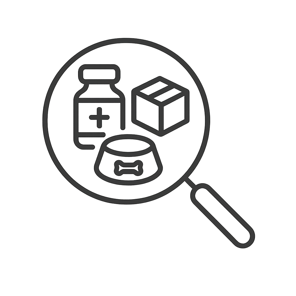 Minimal monochrome vector icon smooth singleline style magnifying glass over three simple shapes medicine bottle with cross pet food bowl and box No color clean black line art very simple and balanced optimized for small UI sizes-1